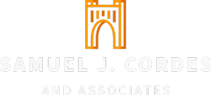 The logo for samuel j. cordes and associates has a castle on it.