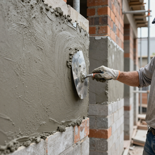Worker plastering a brick wall with gray mortar using a trowel