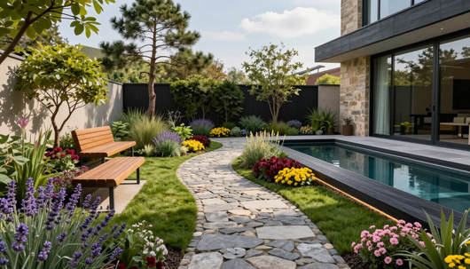 Modern backyard garden with stone path, flowers, bench, and a pool beside a house