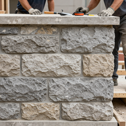 Stone wall under construction with workers placing a concrete cap on top