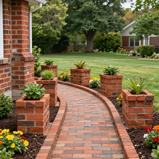Curved brick garden path beside a house, lined with brick planters and flowers in a green yard.