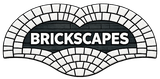 Brickscapes logo with bold white text on a black arched brick pattern