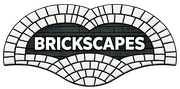 Brickscapes logo with bold white text on a black arched brick pattern