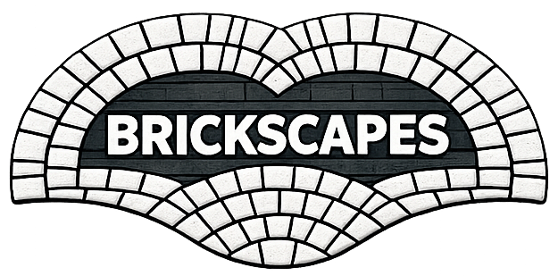 Brickscapes logo with bold white text on a black arched brick pattern