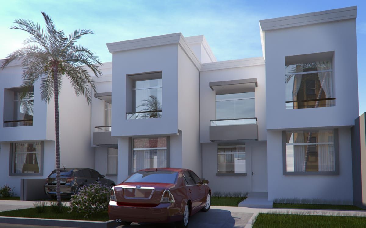 Edificio de apartamentos moderno de color blanco con palmeras y coches aparcados delante.