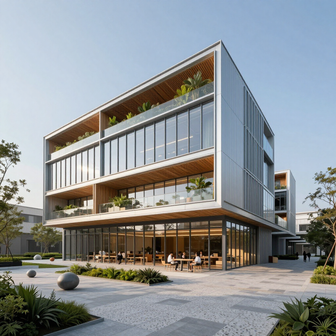 Moderno edificio de oficinas de vidrio y madera con terrazas, asientos al aire libre y patio ajardinado.