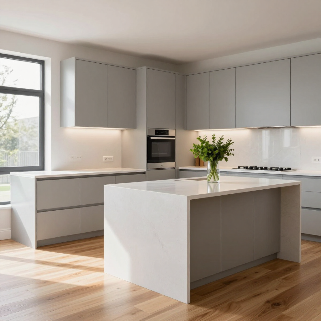 Cocina moderna y luminosa con gabinetes grises, isla blanca, pisos de madera y un jarrón de flores sobre la encimera.