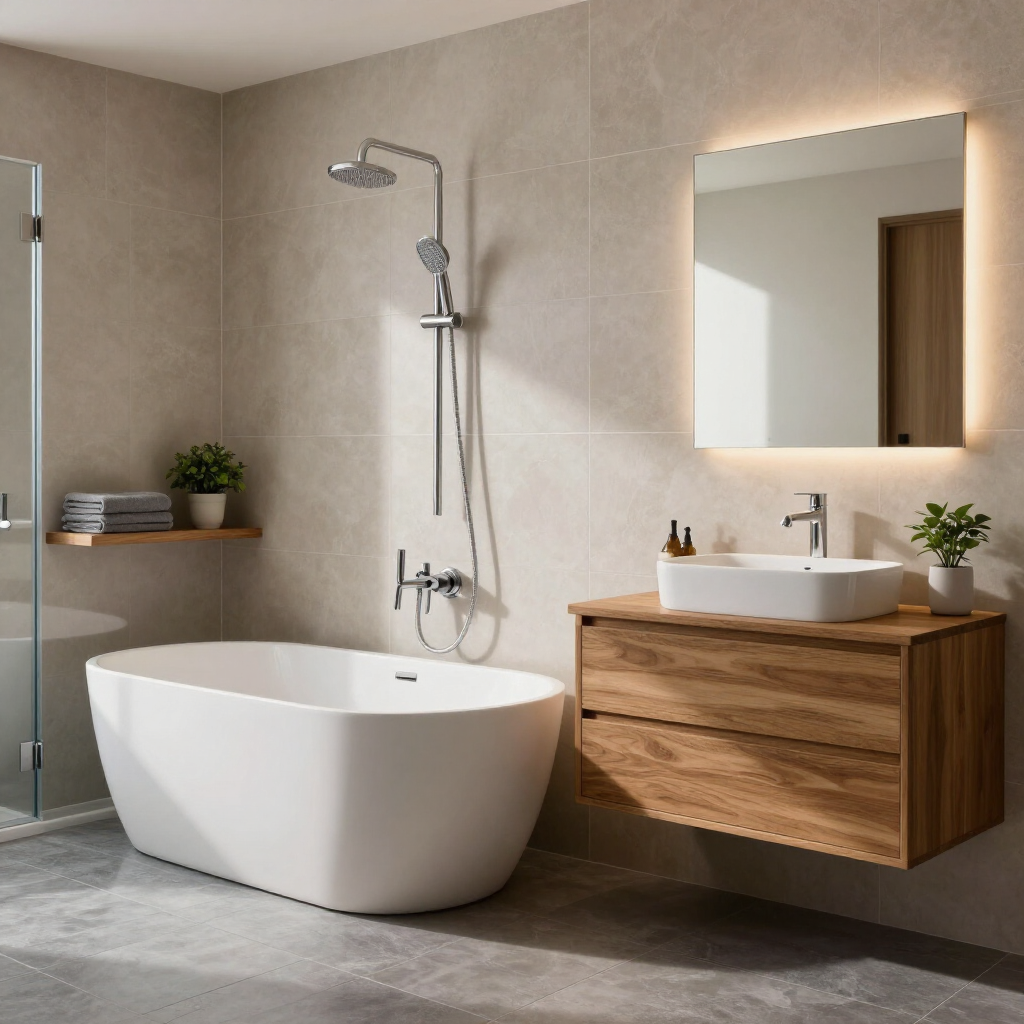 Baño moderno con bañera independiente, lavabo suspendido, ducha y espejo iluminado en tonos neutros.
