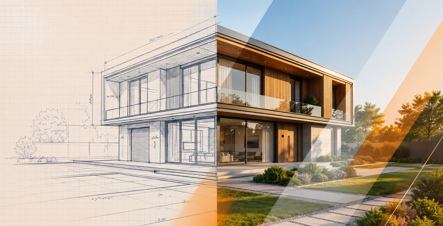 Representación conceptual arquitectónica de una casa moderna, dividida entre boceto y vista exterior terminada.
