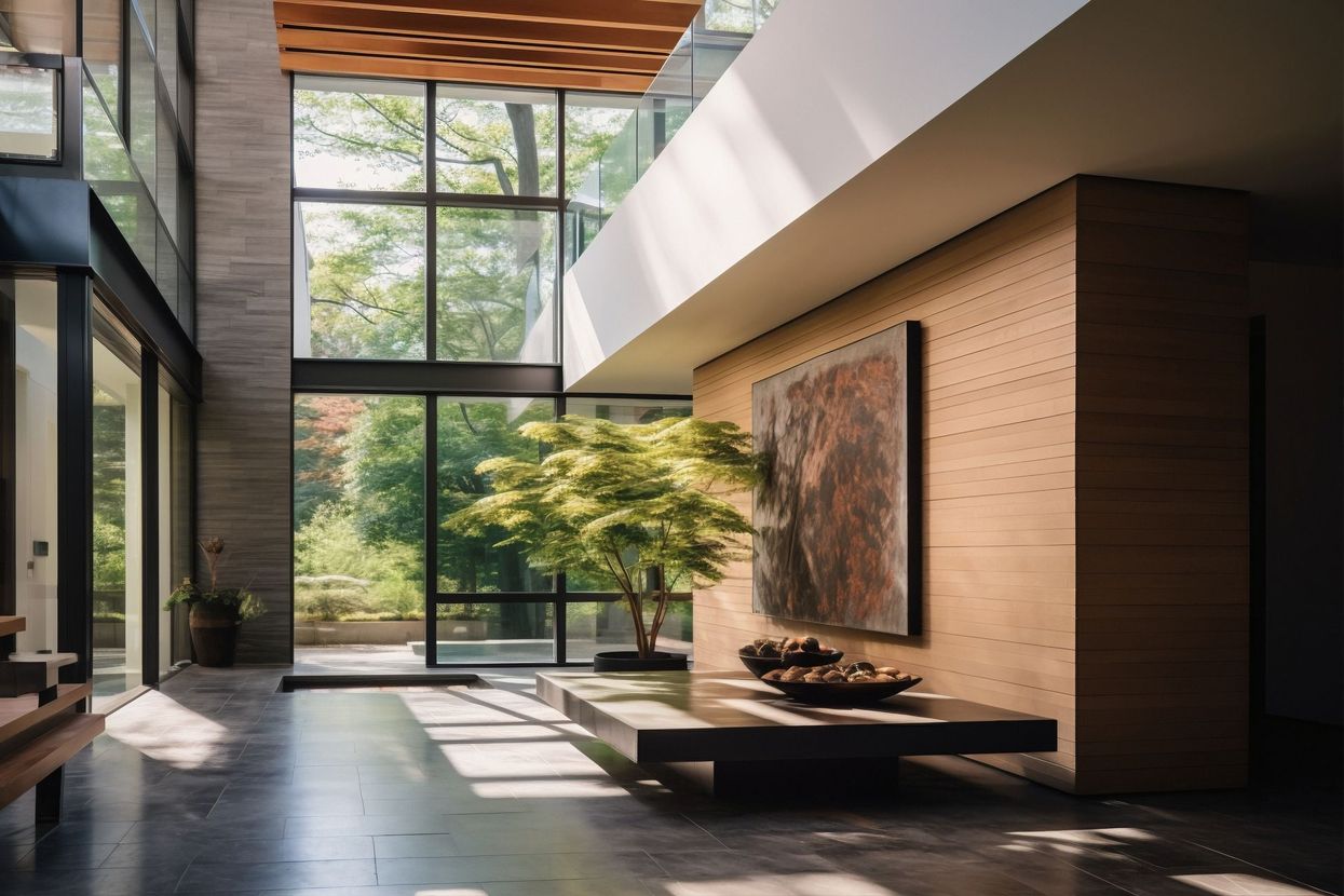 Salón moderno con ventanales del suelo al techo, detalles en madera y luz natural en un interior minimalista.