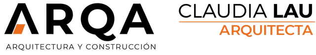 Logotipos de ARQA y Claudia Lau Arquitecta en negro y naranja sobre fondo blanco.