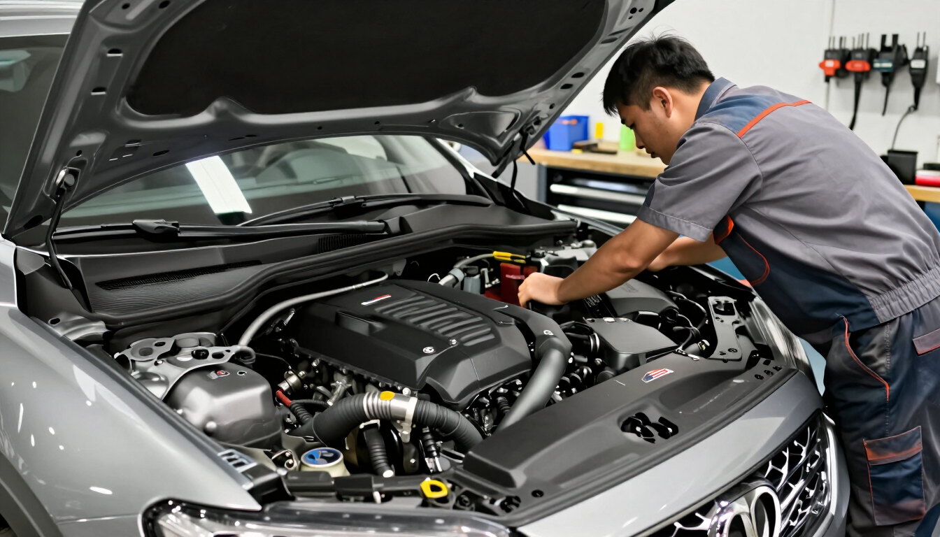 Mechanic working under a car hood in an auto repair shop