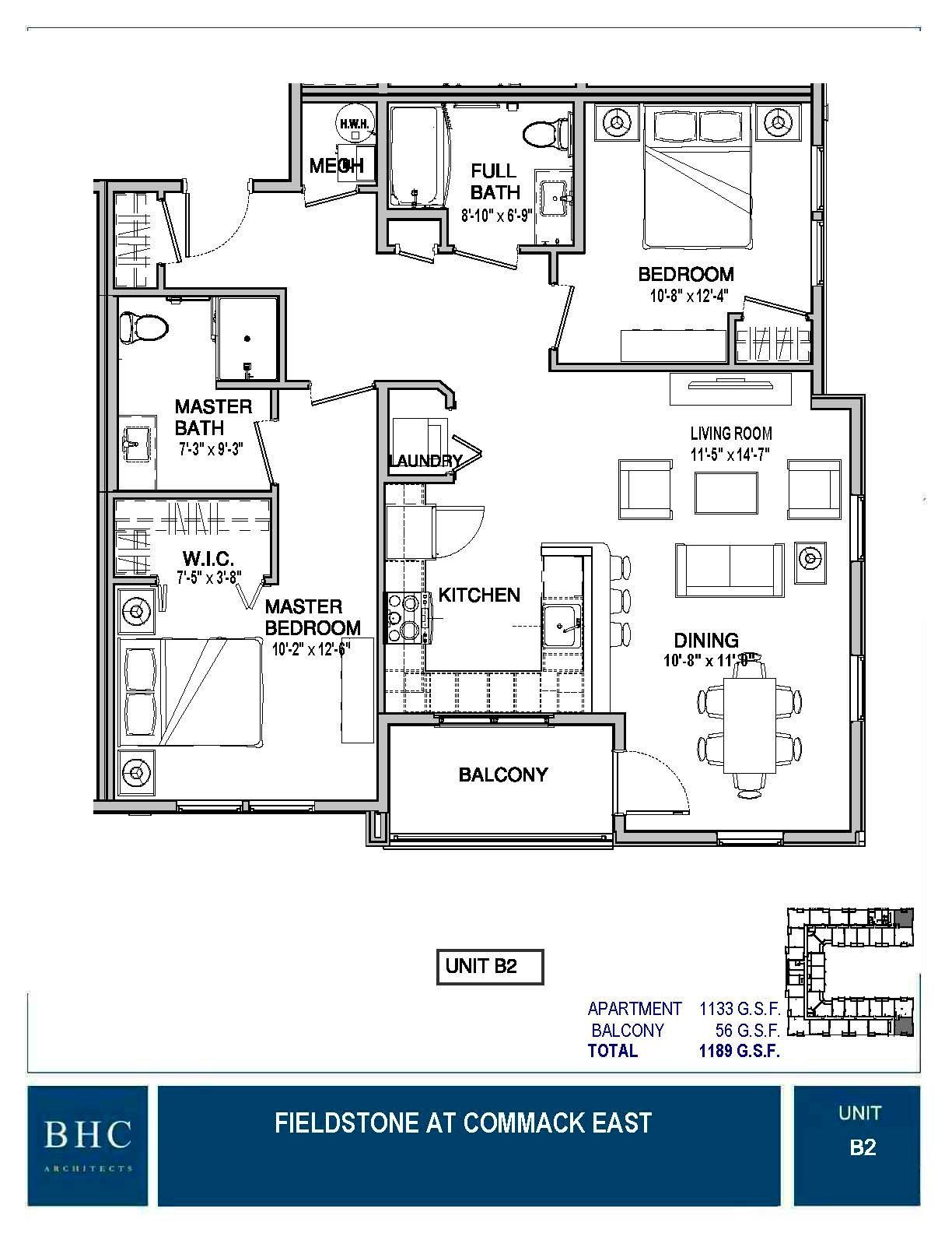 Floor plan of a two-bedroom apartment. Includes kitchen, living room, bathrooms, and patio access.