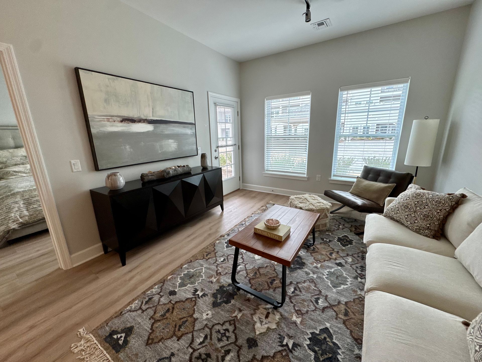 Bright living room with white sofa, patterned rug, black console, and large windows letting in daylight