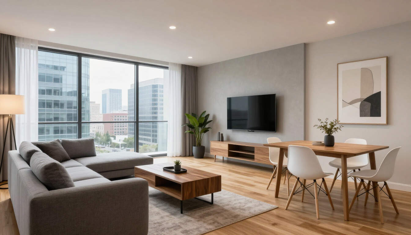 Furnished Apartments in Addis Ababa feature a modern lounge with cream sofas, glass table, greenery and wide city views.