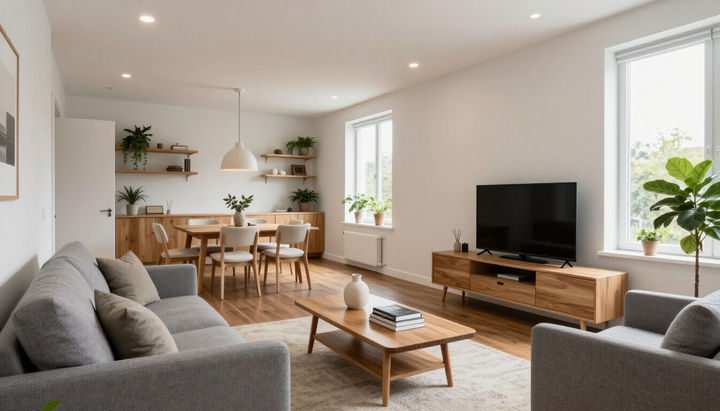 Furnished Apartments in Addis Ababa feature a living room with gray sofas, wood dining set, TV, plants and windows area.