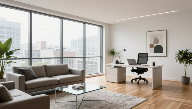 Furnished Apartments in Addis Ababa feature a bright office and lounge with city views, gray sofa, desk and glass table.