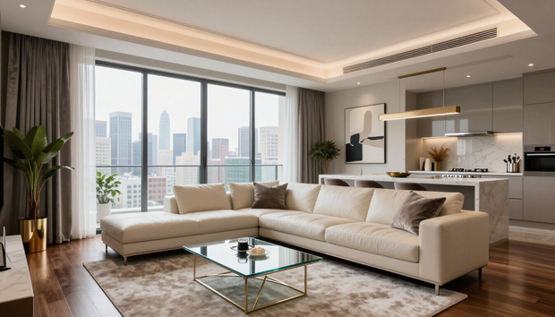 Furnished Apartments in Addis Ababa feature a modern lounge with cream sofas, glass table, greenery and wide city views.