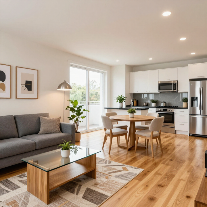 Open-concept layout with kitchen and living room in luxury furnished apartments in Addis Ababa.