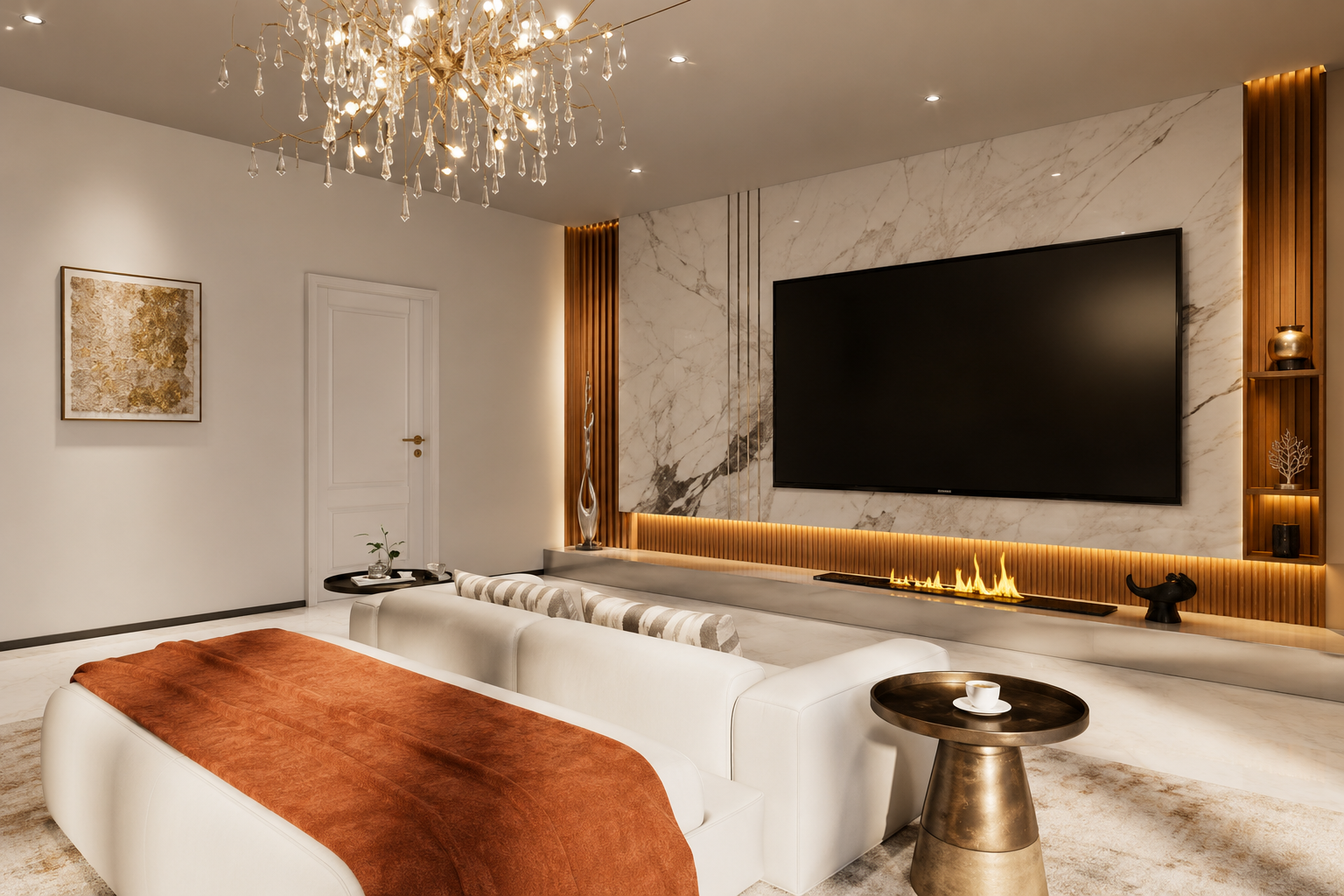 Modern living room with a large TV mounted on a marble wall in high-end furnished apartments in Addis Ababa.