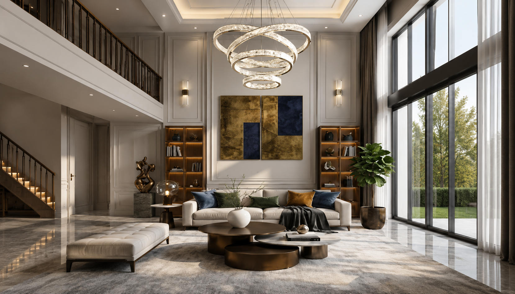 Luxury interior of furnished apartments in Addis Ababa with double-height ceiling, abstract art, and ring chandeliers.