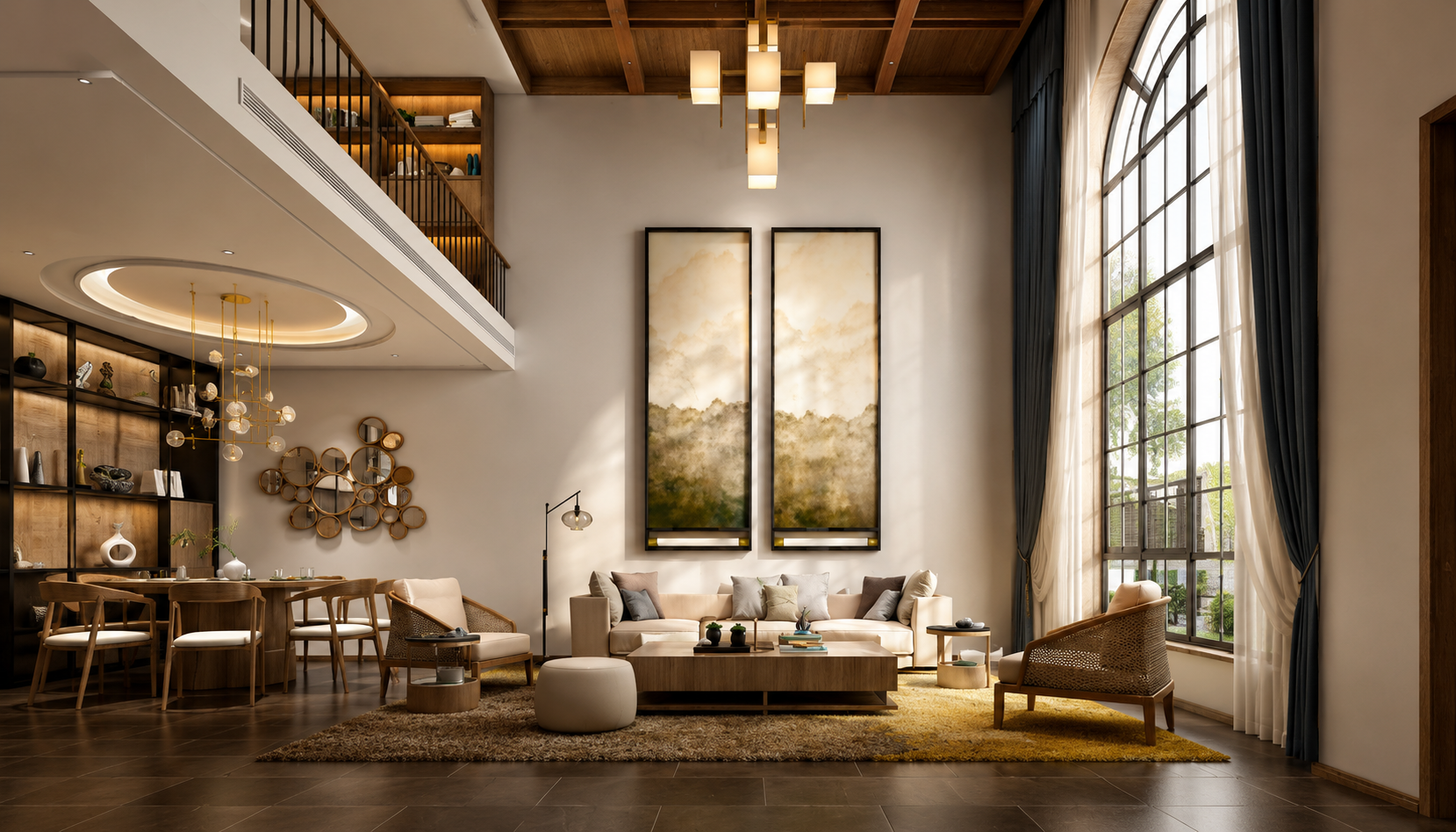 Furnished Apartments in Addis Ababa featuring a grand living room, tall windows, elegant decor, and warm wood accents.!