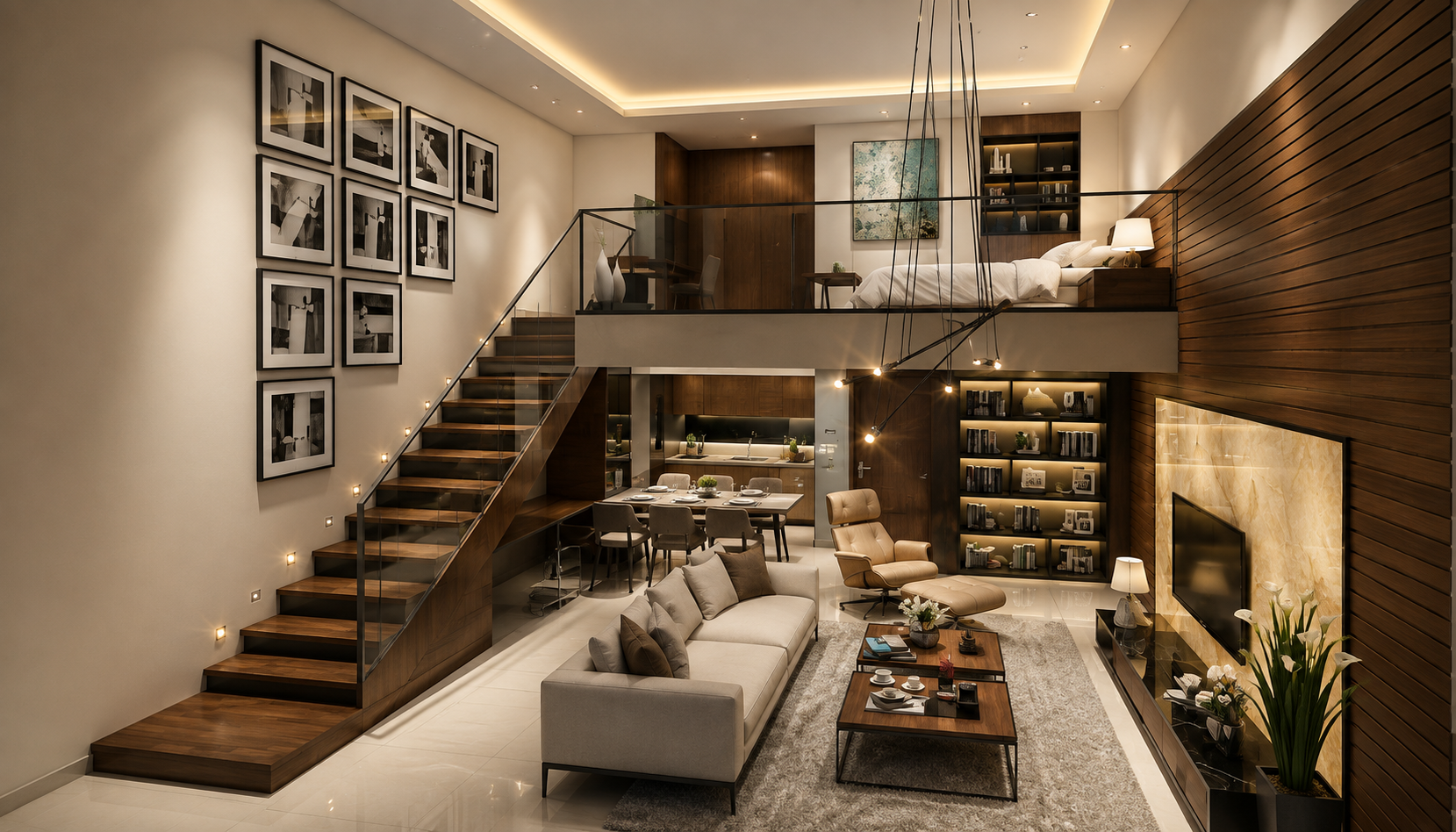 Furnished Apartments in Addis Ababa with a stylish split-level lounge, wood staircase, gallery wall, and warm lighting!!