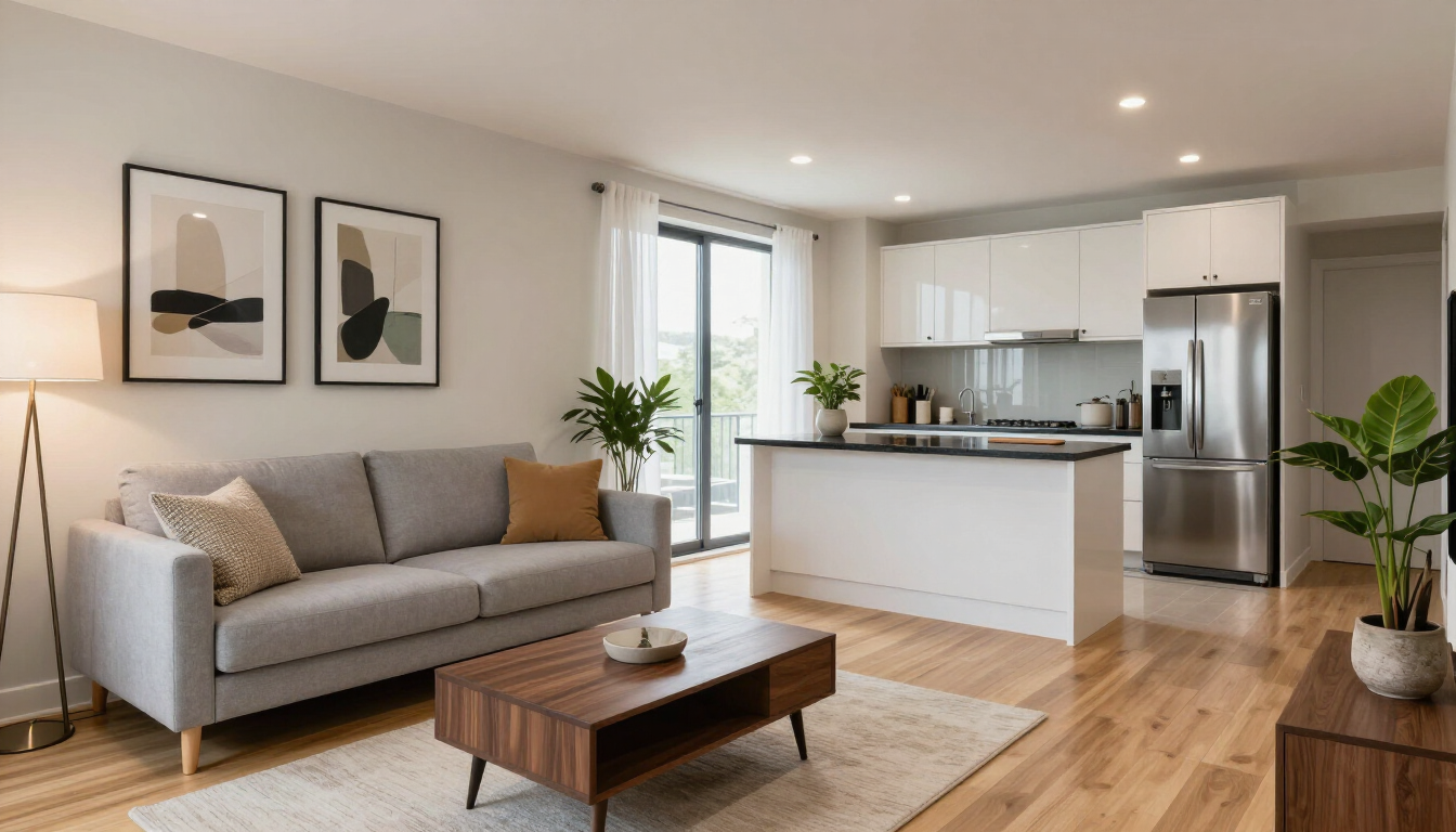 Furnished Apartments in Addis Ababa with a sleek gray sofa, open kitchen, wood floors, plants, and bright natural light.