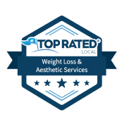 Top Rated Local badge for Weight Loss & Aesthetic Services, blue and white design with stars.