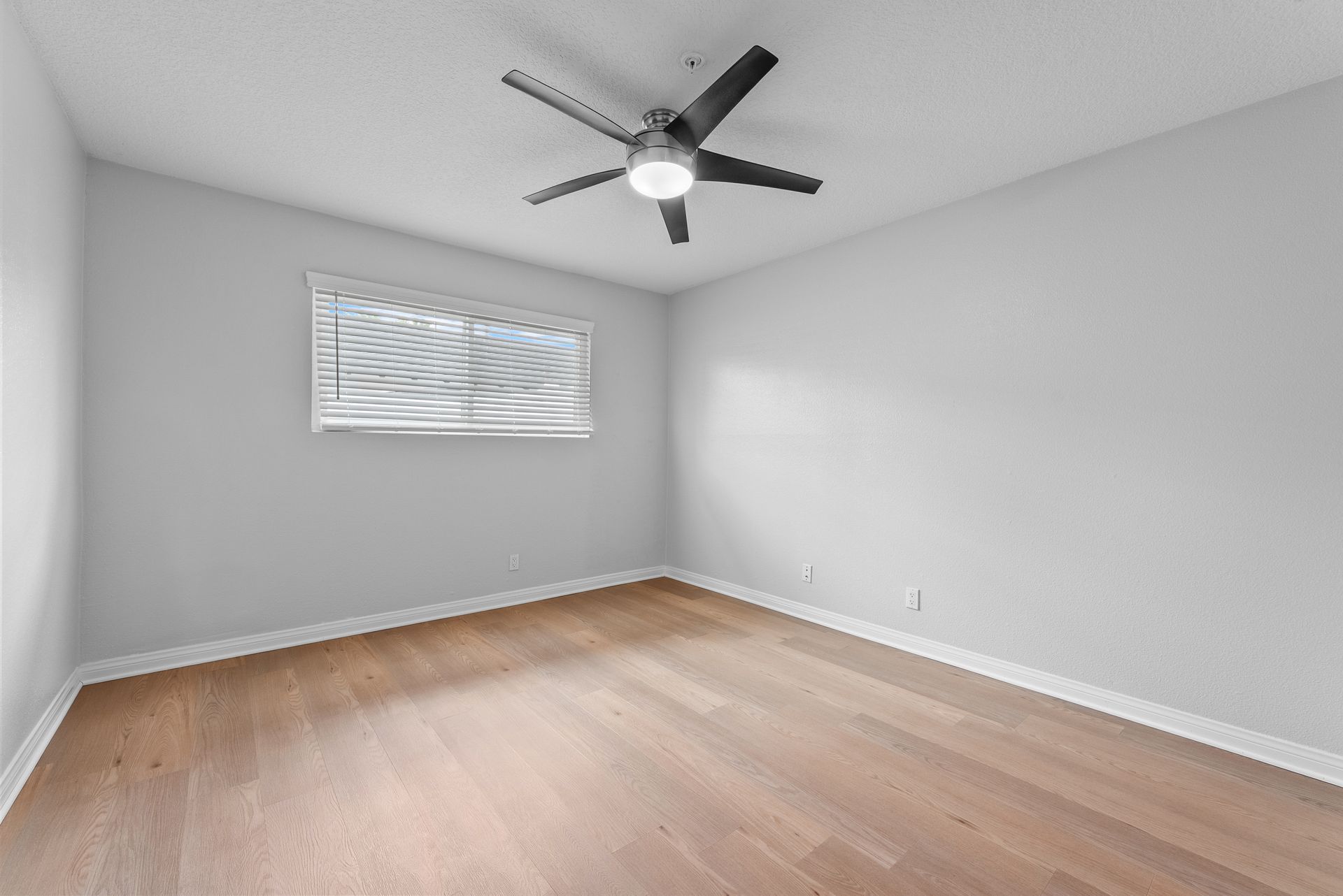 interior apartment living space with wood flooring and ceiling fan in bedroom space