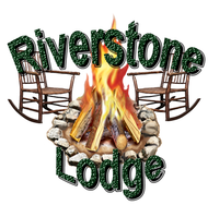 A logo for riverstone lodge with rocking chairs and a campfire