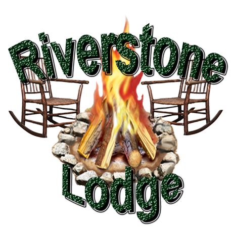 A logo for riverstone lodge with rocking chairs and a campfire