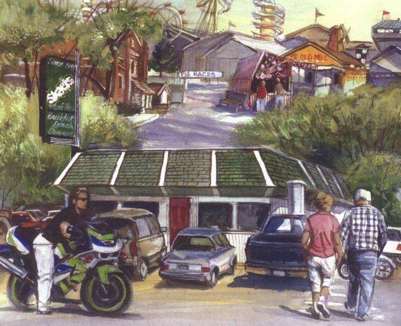 Street scene with motorcycles and pedestrians near a market entrance, with a car under a roofed gate.