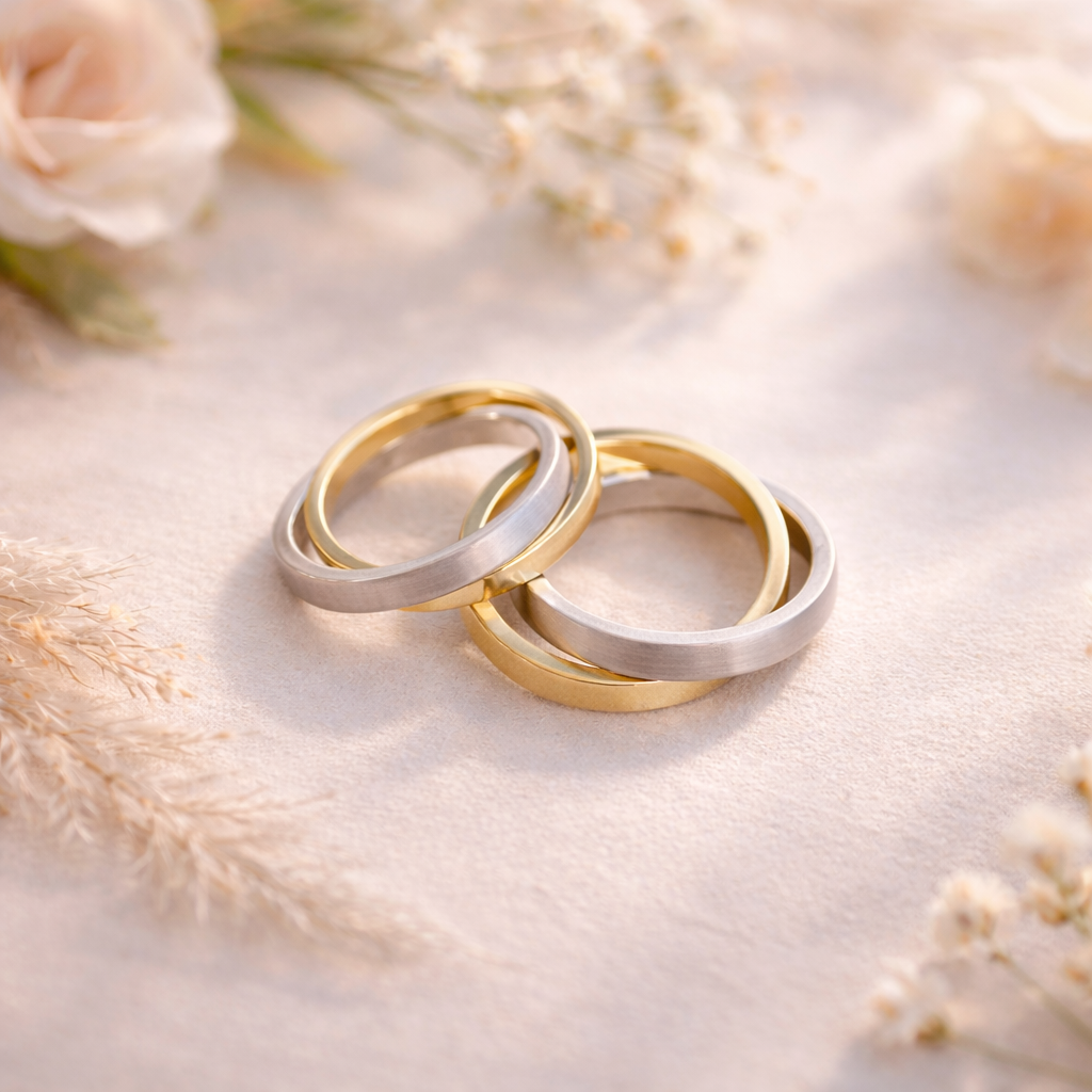 Twee bicolor gouden en zilveren ringen op een zachtwitte bloemenachtergrond.