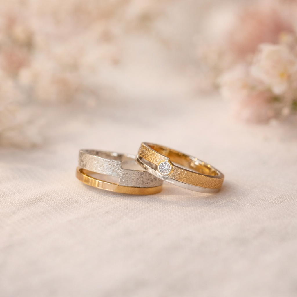 Twee goud- en witgouden ringen met een diamant op een zachtbeige stoffen achtergrond.
