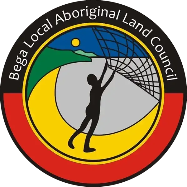 Bega Local Aboriginal Land Council logo: silhouette holding net with sky, crescent, and land.