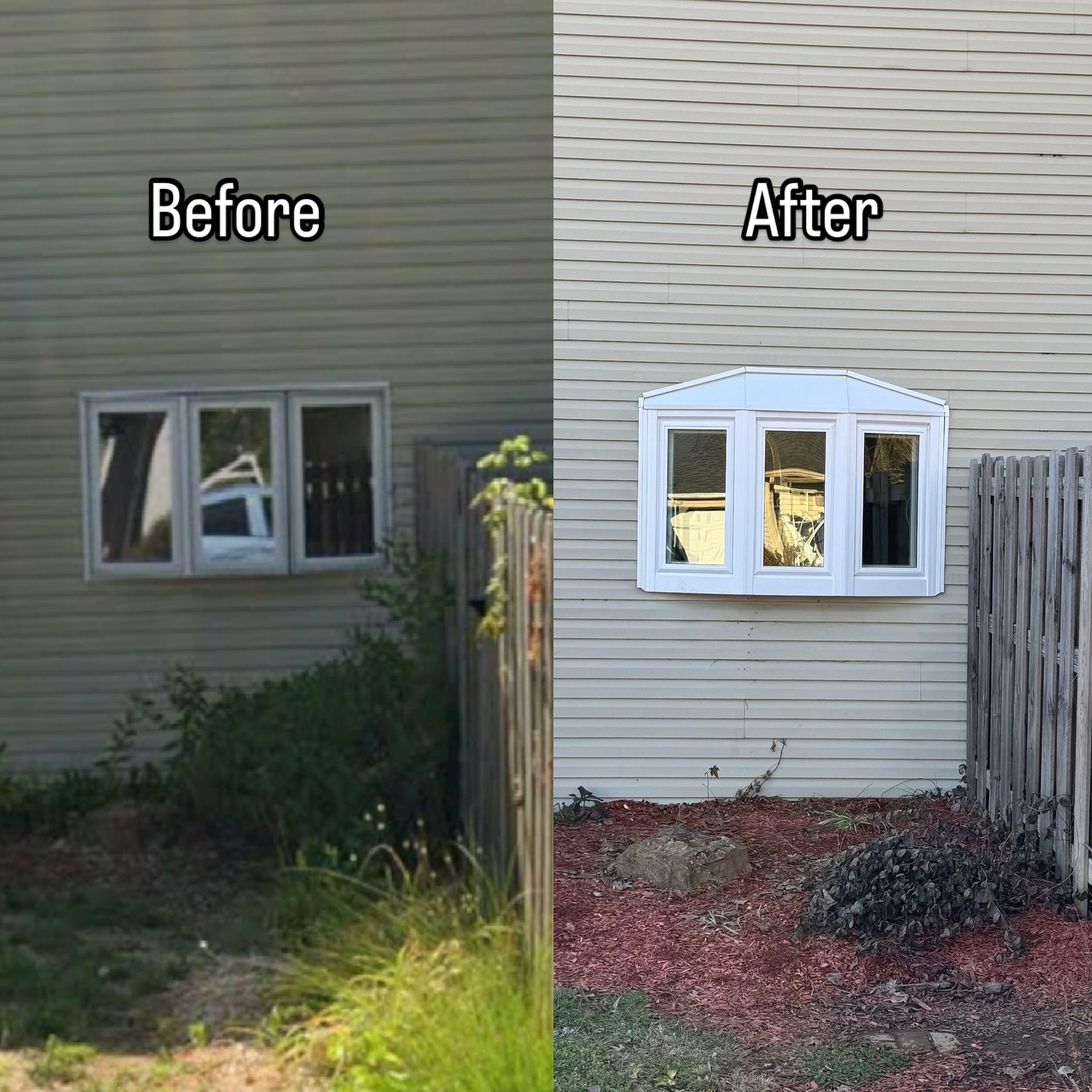 A before and after picture of a house with a window