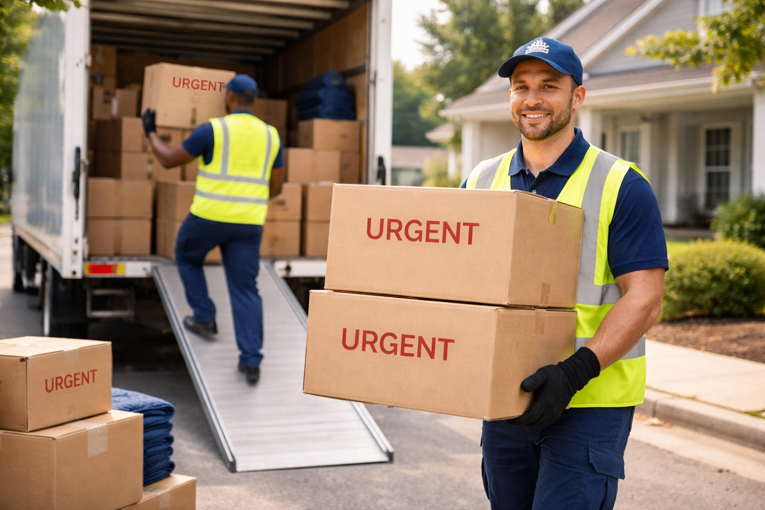 Two movers loading boxes labeled
