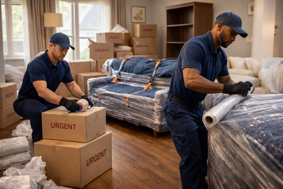 Two movers wrapping boxes and a sofa with plastic wrap in a living room.