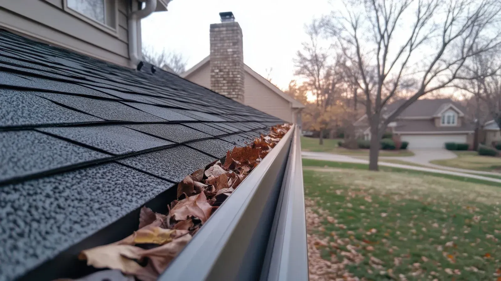 Gutter filled with fallen leaves on a house roof, with a residential neighborhood in the background.