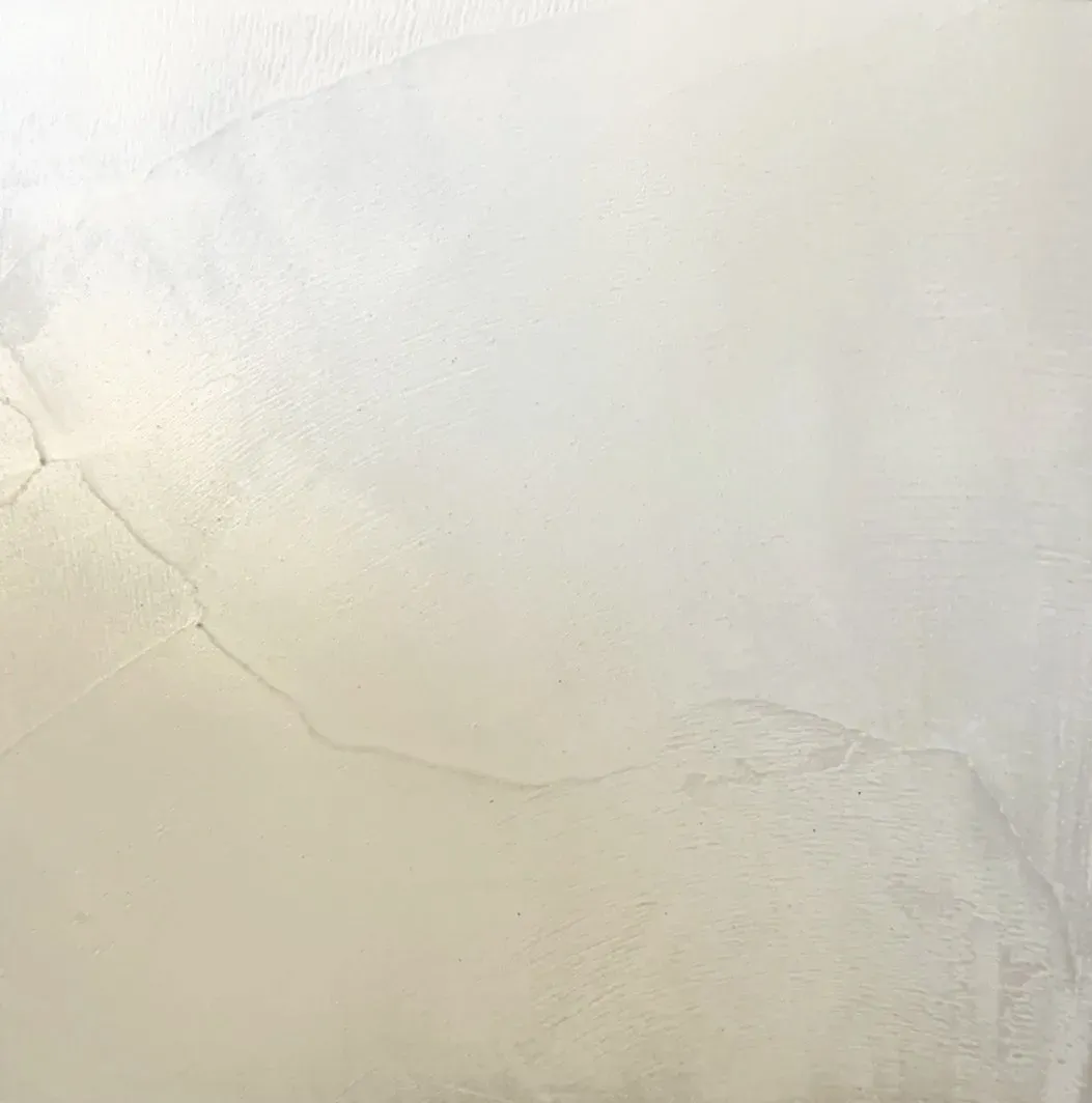 Off-white wall with visible cracks and texture.