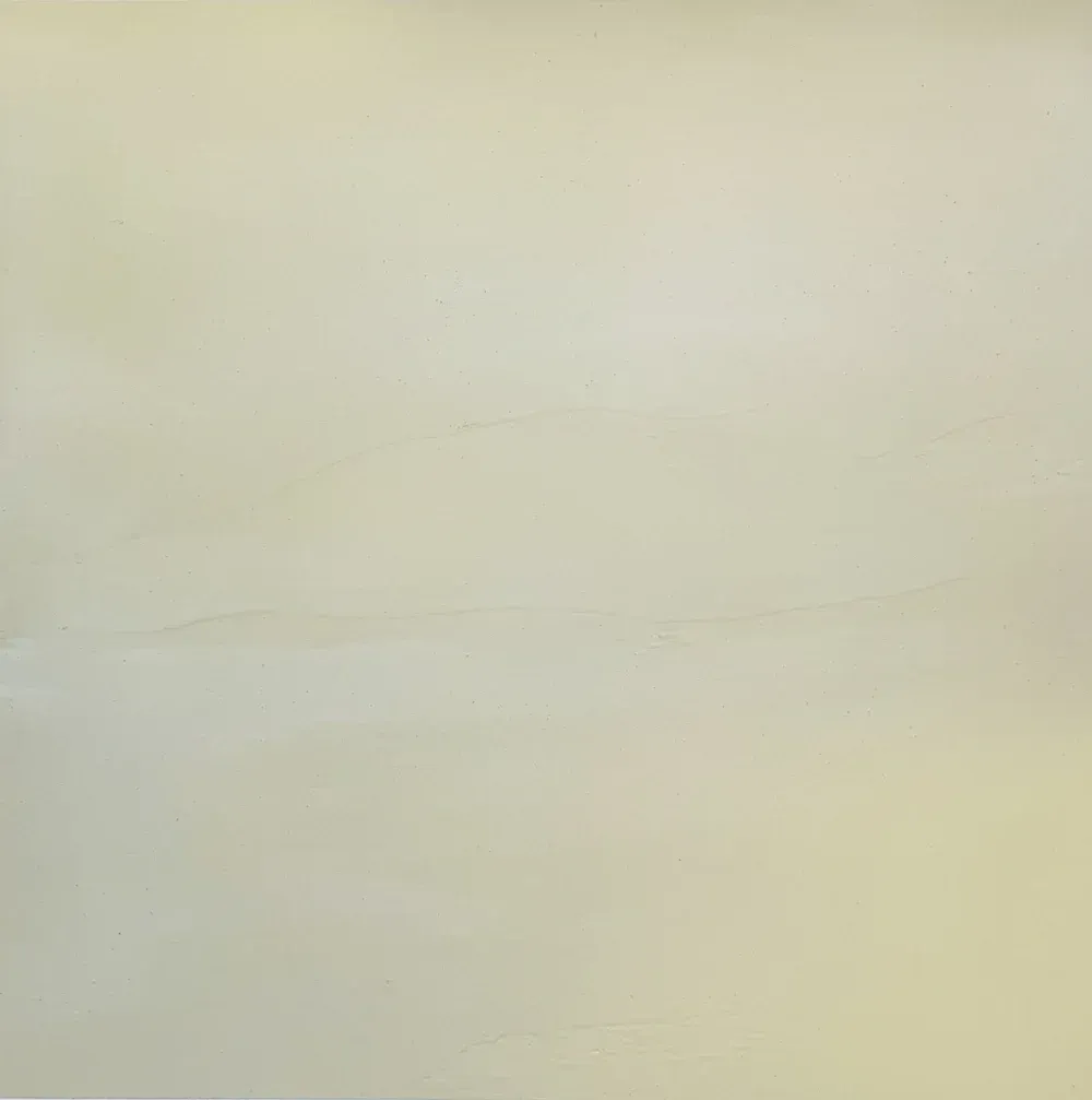 Abstract artwork. Mostly pale yellow, with subtle variations of light and shadow, resembling a blurry landscape.