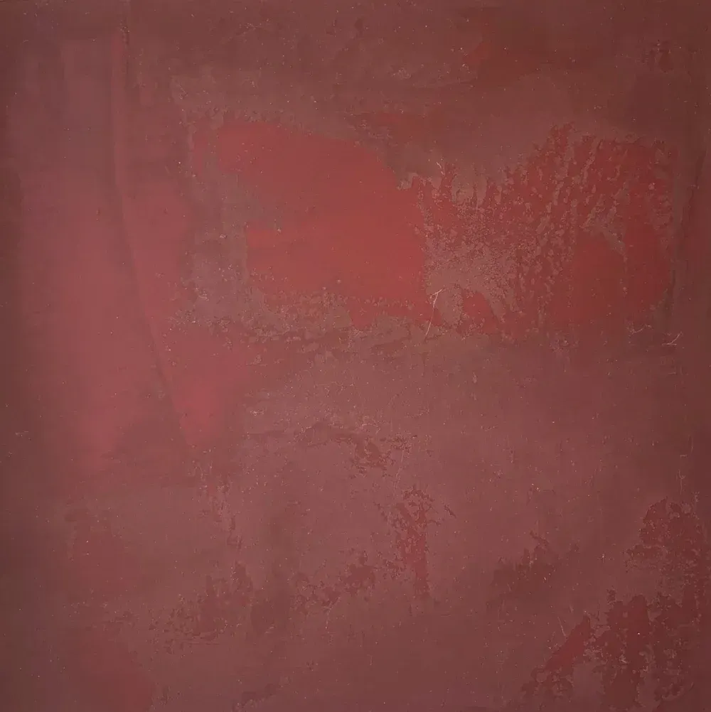 Abstract painting in shades of red, with textured brushstrokes and a blurred rectangular shape.