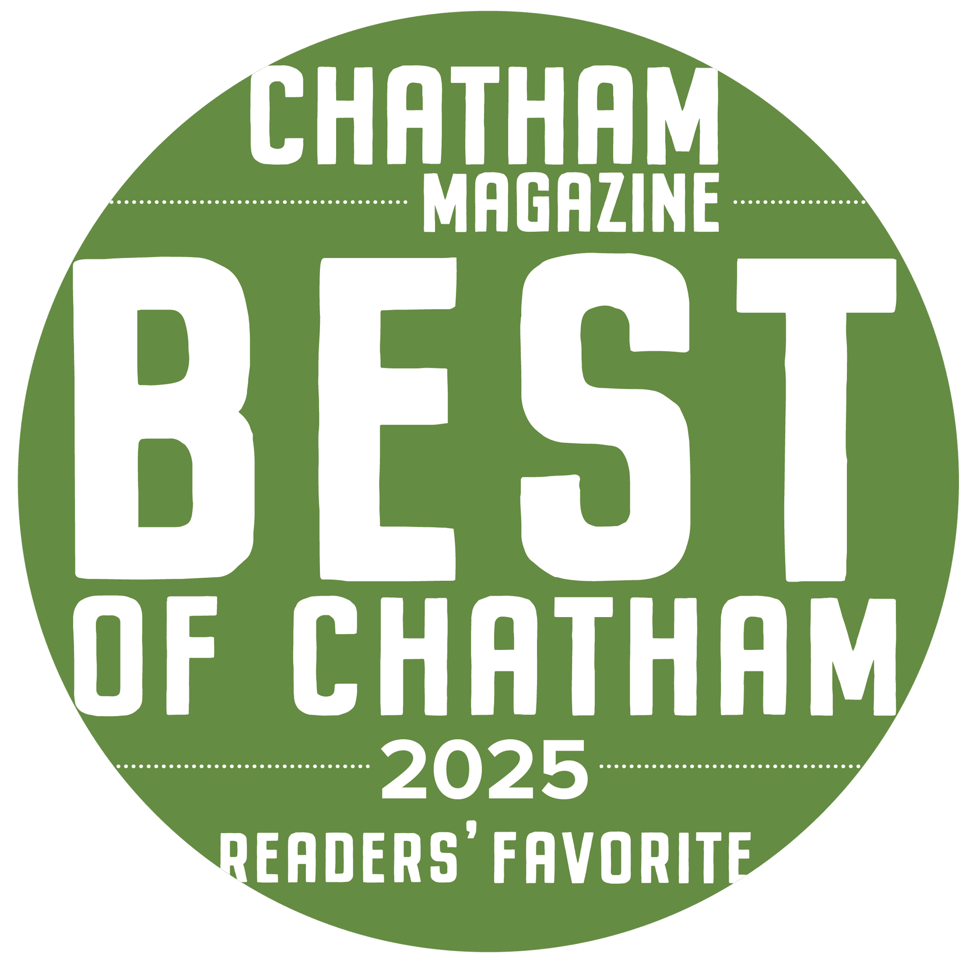 Chatham Magazine “Best of Chatham 2025” green circular award badge, Readers’ Favorite