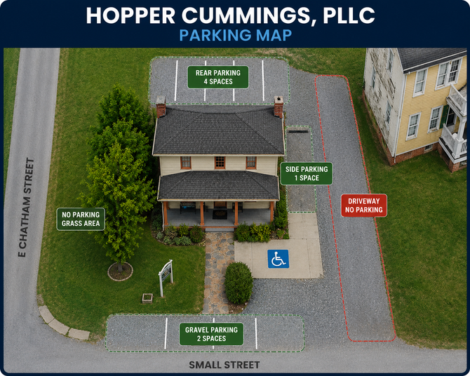 Parking map for Hopper Cummings, PLLC showing accessible and visitor parking around the building.