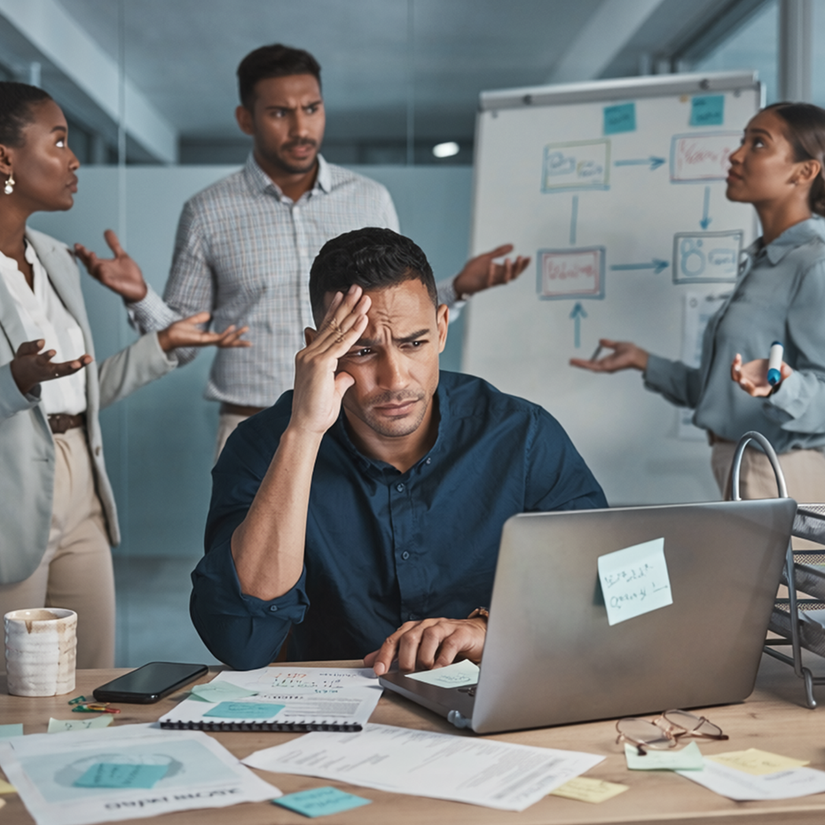 Stressed worker at laptop in a meeting room, surrounded by colleagues and scattered papers.