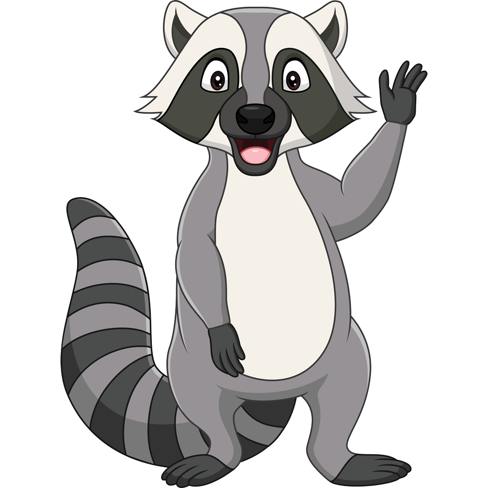 a cartoon raccoon is waving its hand and smiling .