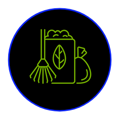 an icon of a broom and a bag of dirt in a circle .