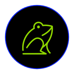 a green frog is sitting in a blue circle on a black background .