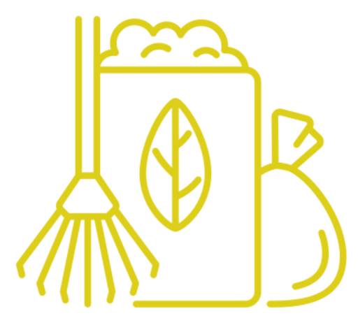 a line drawing of a broom , leaf , and bag .